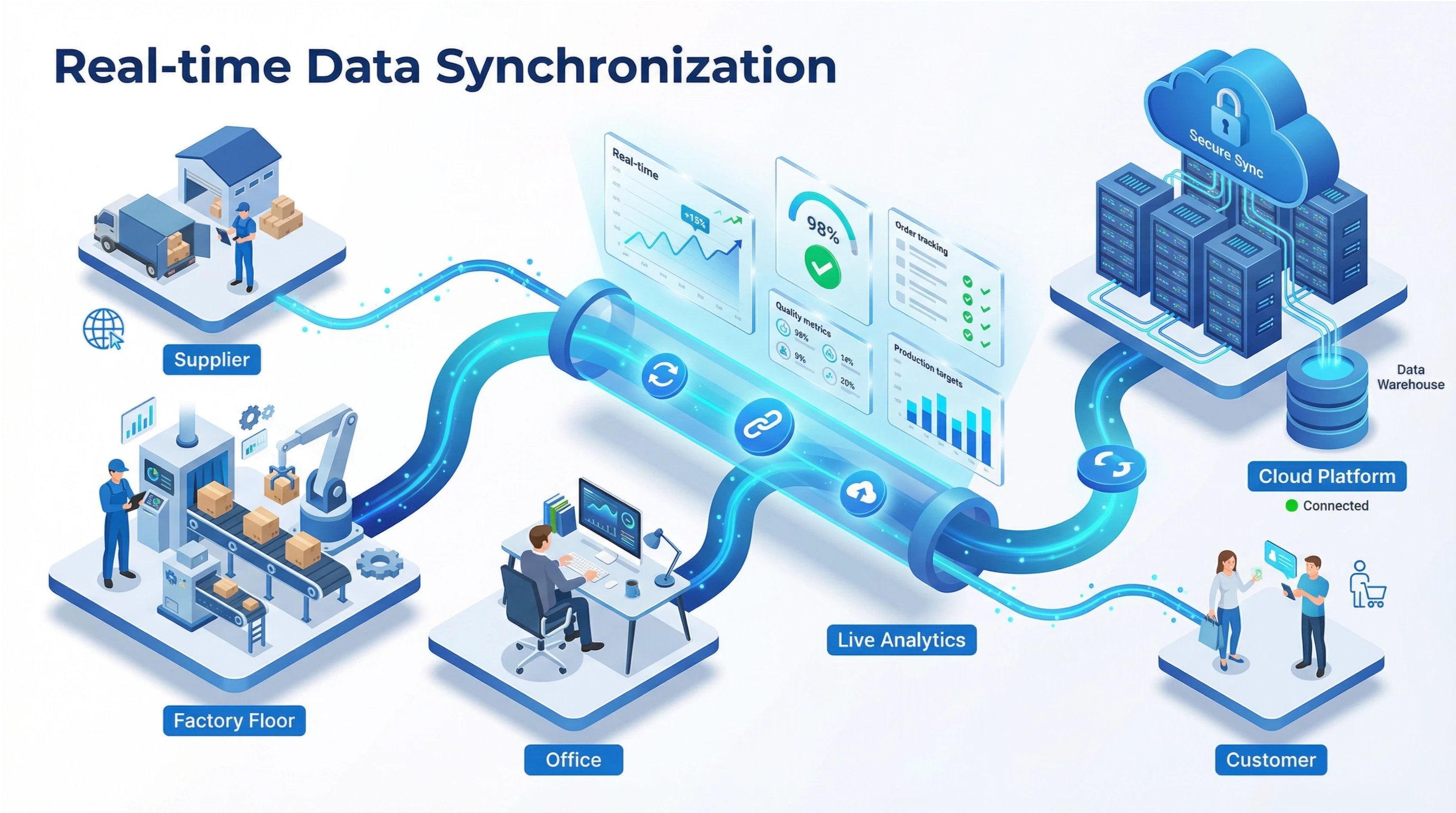 Real-time data synchronisatie tussen leverancier, werkvloer, kantoor en klant